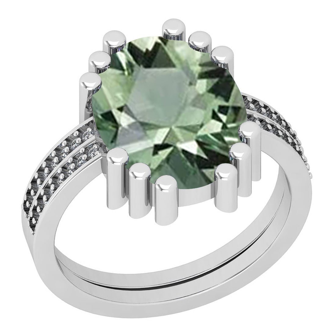 20.63 Ctw SI2/I1 Green Amethyst And Diamond 14k White Gold Vintage Style Ri: Center Weight : 20.13 Ctw (Oval Cut ) Center Color : Green Amethyst Center Stone Setting : Prong Side Stone Weight Of Ctw 0.50 Ctw Side Stone Color : J-K Stone Clarity : SI2/I1 Stone Setting : Prong M