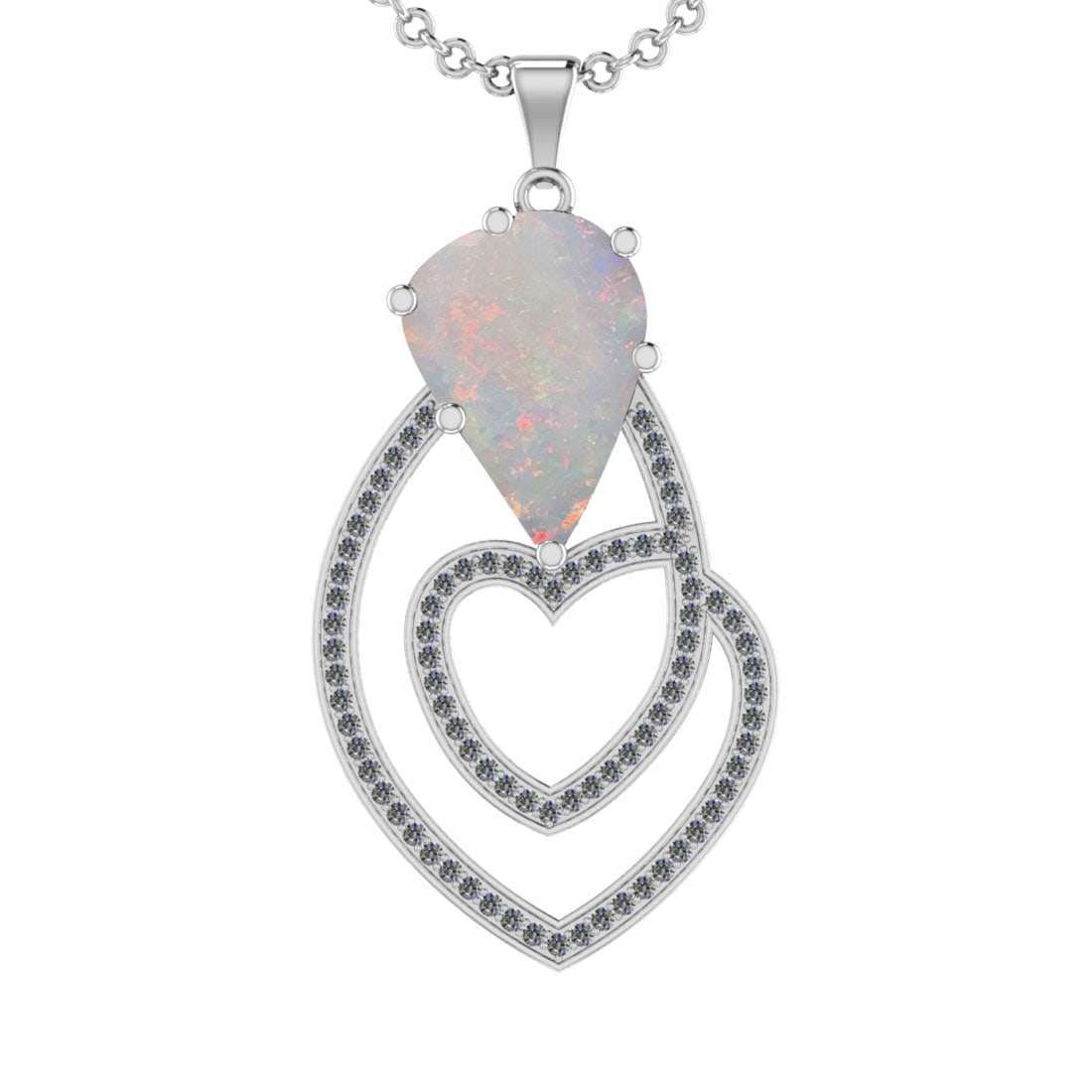 5.09 Ctw SI2/I1 Opal and Diamond 14K White Gold Pendant Necklace: Center Stone Weight : 4.44 Ctw Center stone Color :- Opal Setting : Prong Side Weight Of Ctw 0.65 Ctw Color : J-K Clarity : SI2/I1 Stone Setting : Prong Metal Weight : Approx 8.20 gram 14K White Gold 
