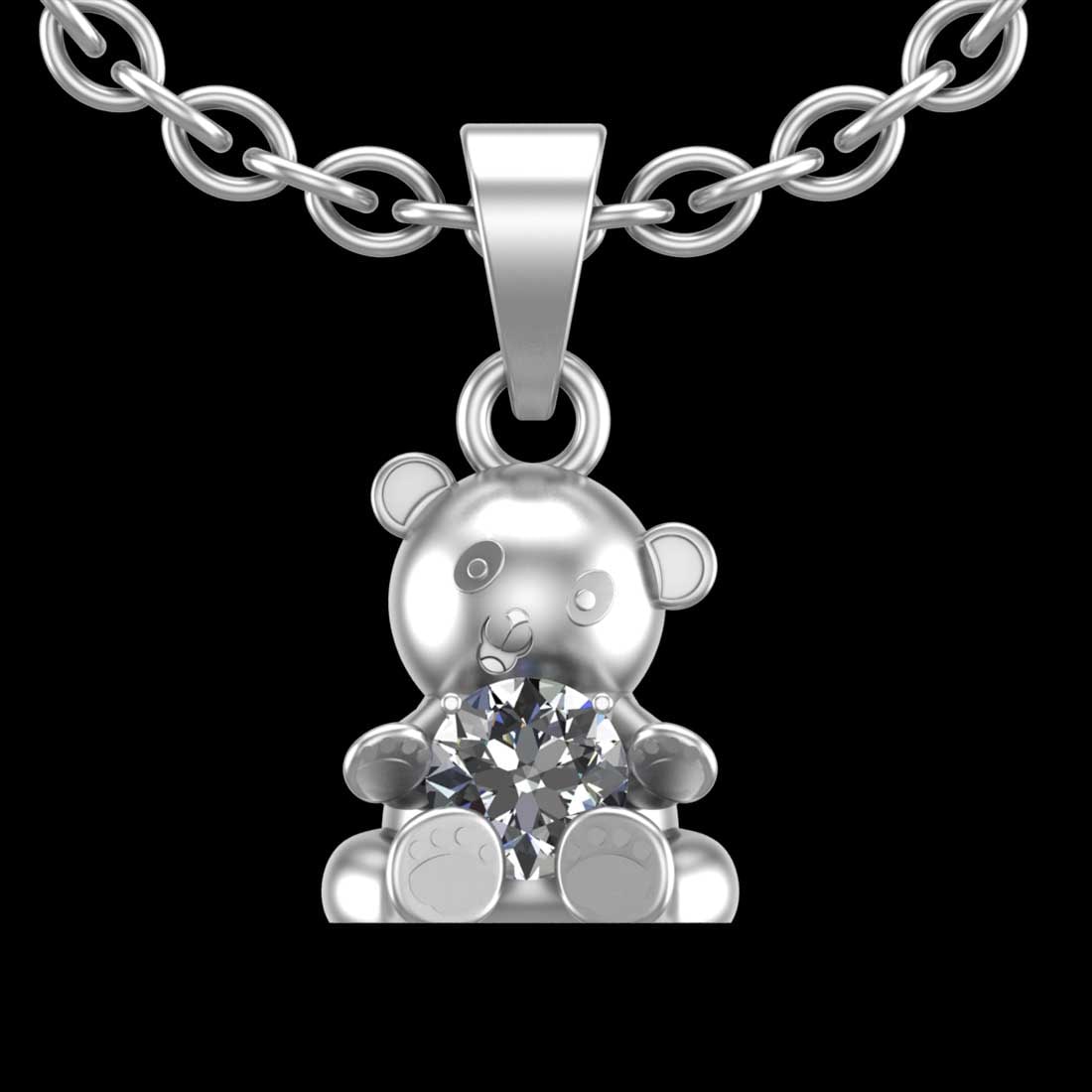 0.95 Ctw SI2//I1 Diamond 14 K White Gold Teddy Pendant Necklace: Total Diamond Weight : 0.95 Ctw (Round cut) Center Diamond Color :- J-K Center Clarity : SI2//I1 Stone Setting : Prong Metal Weight : Approx 8.90 Gram 14 K White Gold Teddy Pendant Necklace Length :-1