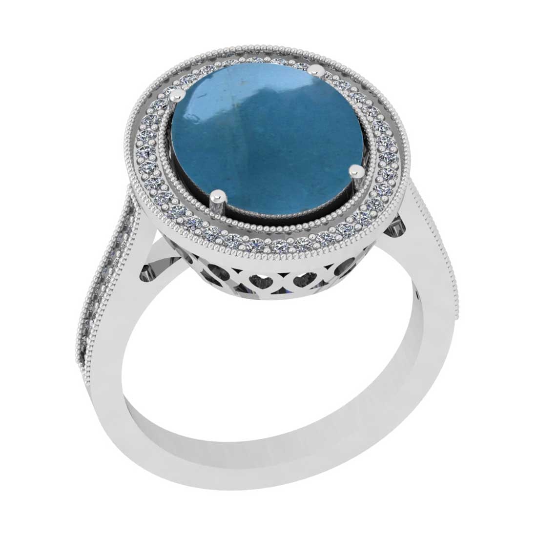 5.10 Ctw SI2/I1 Aquamarine And Diamond 14K White Gold Engagement Halo Ring: Center Stone Weight : 4.80 Ctw (Oval cabochon ) Center Stone Color : Aquamarine Stone Setting : Prong Side Stone Weight Of Ctw 0.30 Ctw Side Stone Color : G-H Stone Clarity : SI2/I1 Stone Setting : Pr
