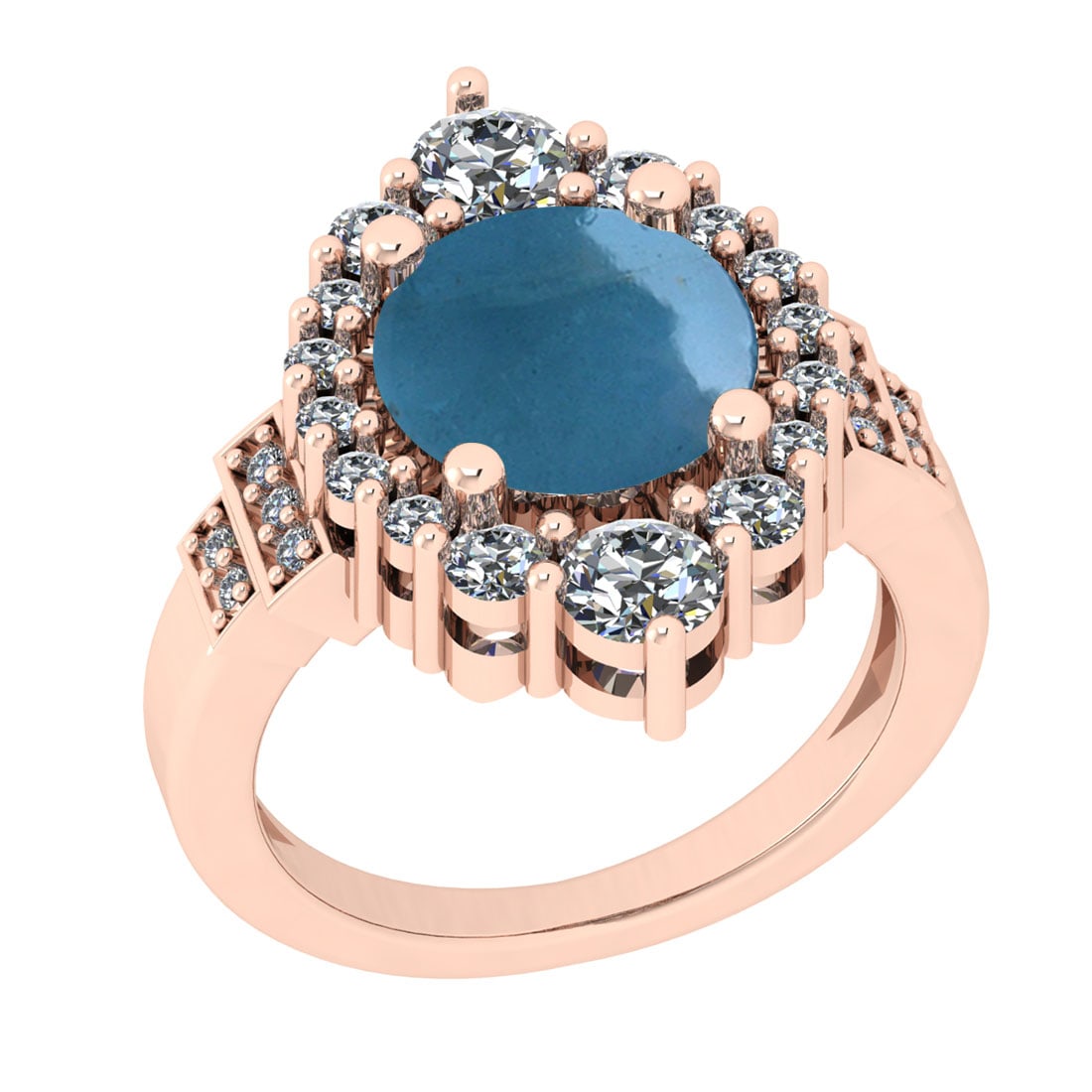 4.30 Ctw SI2/I1 Aquamarine And Diamond 14K Rose Gold Engagement Ring: Color Stone Weight : 3.20 Ctw (Round Cabochon ) Center Stone Color : Aquamarine Center Stone Setting : Prong Side Stone Weight Of Ctw 1.10 Ctw Side Stone Color : J-K Stone Clarity : SI2/I1 Stone Setti