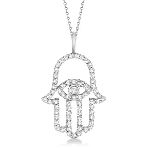 Diamond Hamsa Evil Eye Pendant Necklace 14k White Gold 0.51ctw: CENTER STONE; Diamond,Diamond CENTER STONE CLARITY; SI1-SI2#SI1-SI2 CENTER STONE COLOR; J-K,J-K CENTER STONE SETTING; Pave,Bezel SIDE STONE CLARITY; SIDE STONE COLOR; SIDE STONE SETTING; ctw OF SIDE S