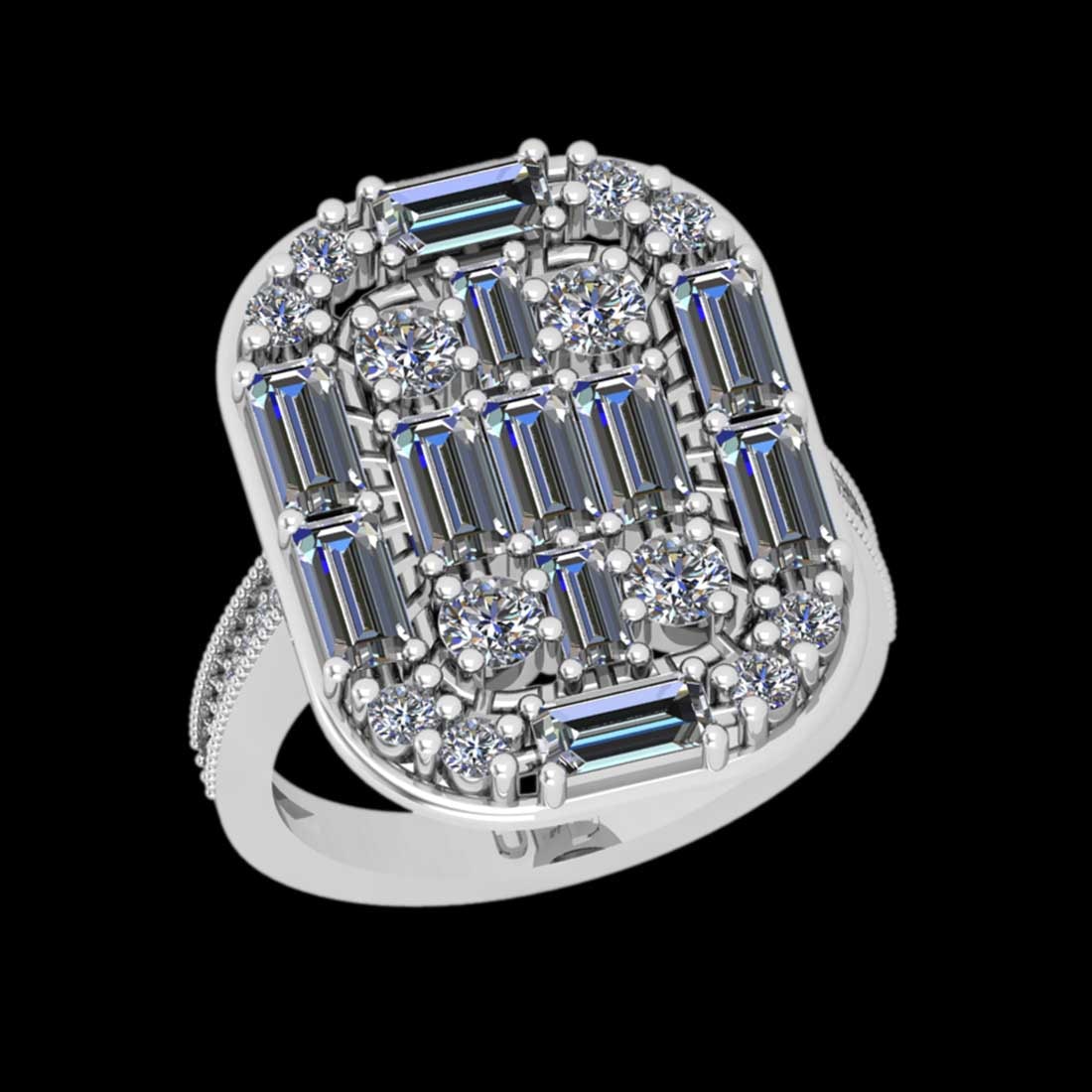3.13 Ctw SI2/I1 Diamond 14K White Gold Engagement Ring: Center Diamond Weight : 2.36 Ctw ( baguette Cut) Center Color :-J-K Center Stone Clarity :- SI2/I1 Center Stone Setting : Prong Side Stone Weight Of Ctw 0.77 Ctw Side Stone Color : J-K Stone Clarity :