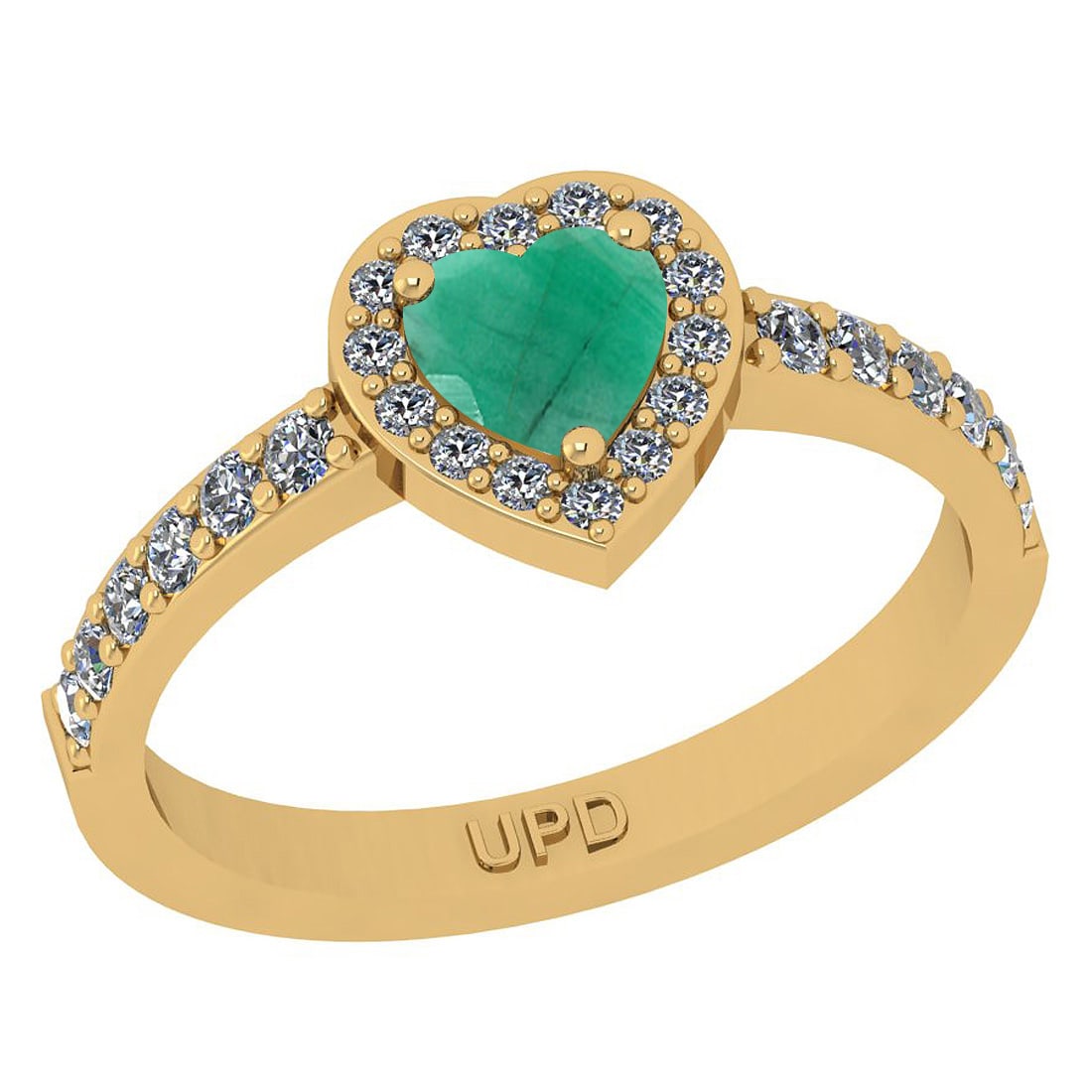 0.83 Ctw SI2/I1 Emerald And Diamond 14K Yellow Gold Anniversary Ring: Center Stone Weight : 0.50 Ctw ( Heart Cut) Center Stone Color :-Emerald Stone Setting : Prong Side Stone Weight Of Ctw 0.33 Ctw Side Stone Color : J-K Stone Clarity : SI2/I1 Stone Setting : Prong Met