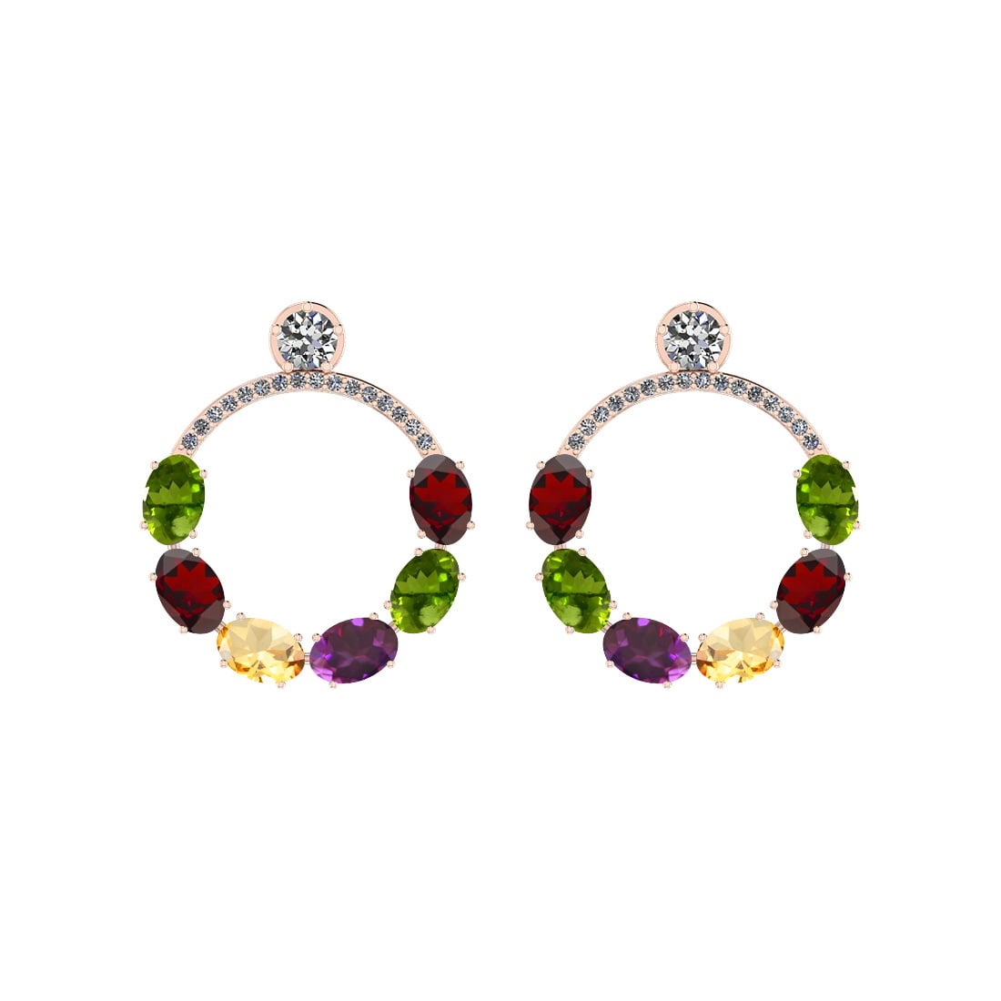 6.70 Ctw I2/I3 Multi Stone And Diamond 10K Rose Gold Earrings: Center Stone Weight : 6.00 Ctw ( Oval Cut) Center Stone Color :-Amethyst,Garnet,Peridot,Citrine Stone Setting : Prong Side Stone Weight Of Ctw 0.70 Ctw Side Stone Color : J-K Stone Clarity : I2/I3 Sto