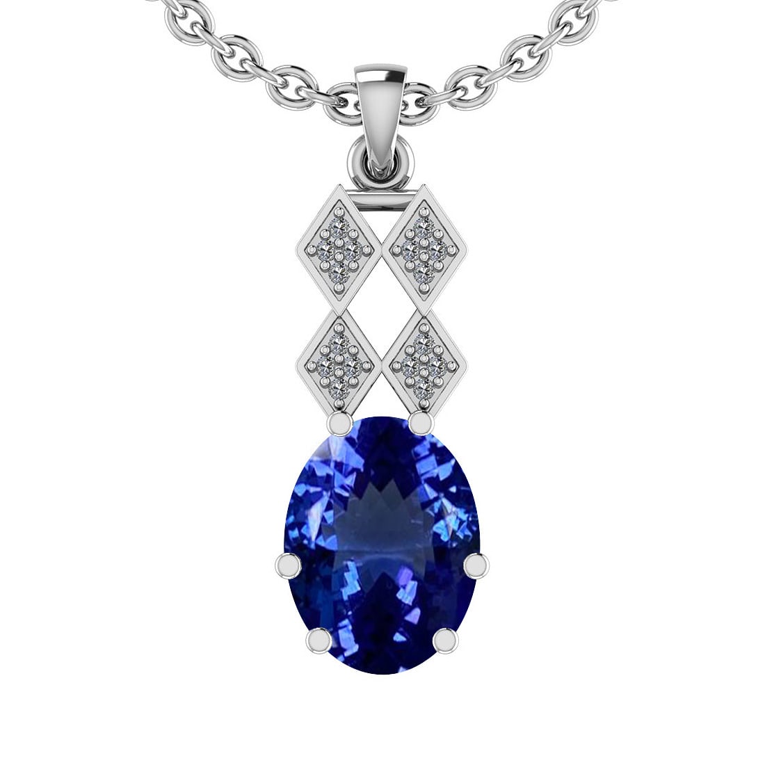 7.10 Ctw VS/SI1 Tanzanite And Diamond 14K White Gold Necklace: Center Stone Approx Weight: 6.98 Ctw (Oval Cut) Center Stone Color: Tanzanite Center Stone Setting: Prong Side Stone 0.12 Ctw Side Stone Color: H-I Stone Clarity: VS/SI1 Stone Setting: Prong Metal App