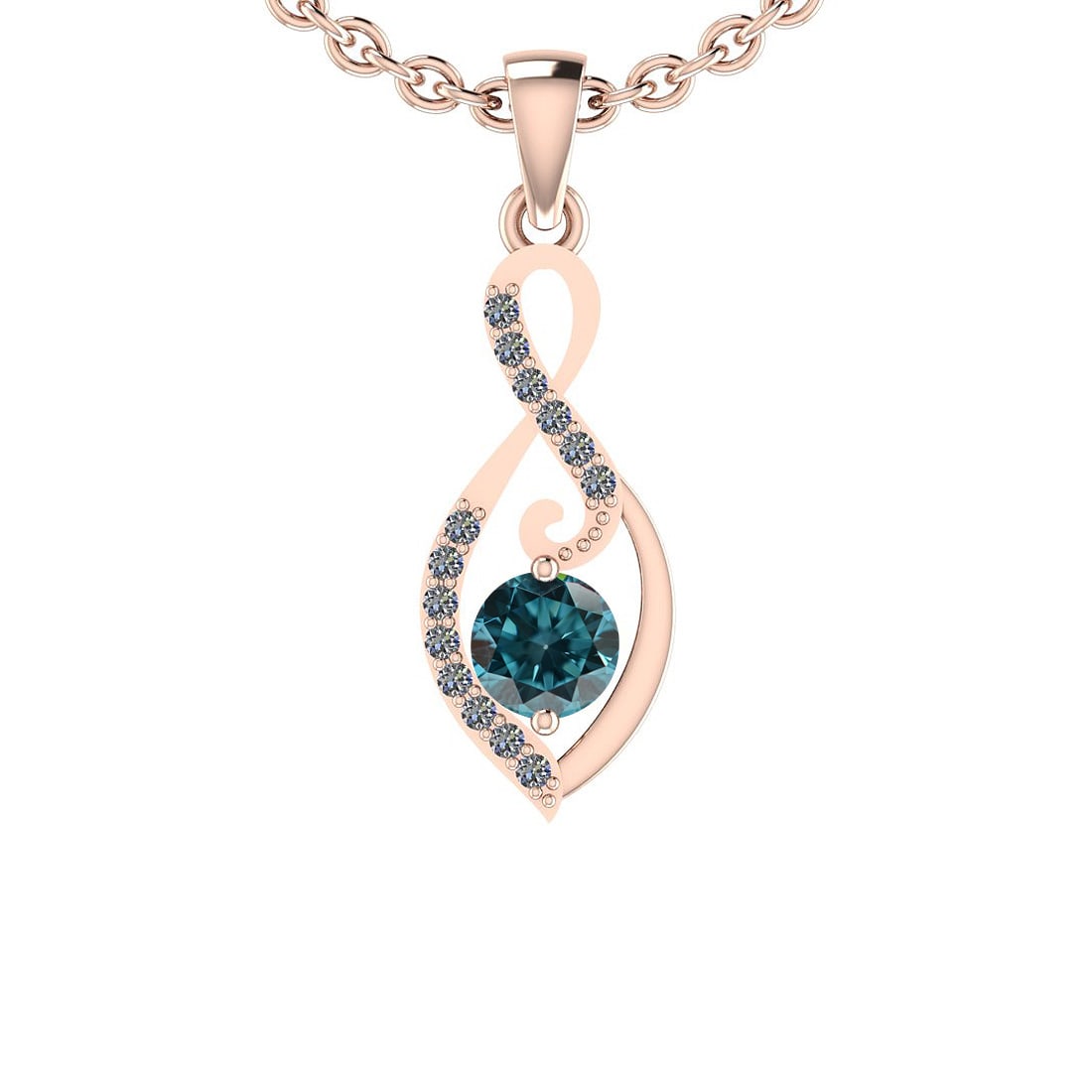 0.60 Ctw i2/i3 Treated Fancy Blue And White Dimaond 14K Rose Gold Pendant: Center Diamond Weight : 0.49 Ctw ( Round cut) Center Diamond Color : Treated Fancy Blue Dimaond Center Clarity : i2/i3 Center Stone Setting : Prong Side Stone Weight Of Ctw 0.11 Ctw Side Stone Color :