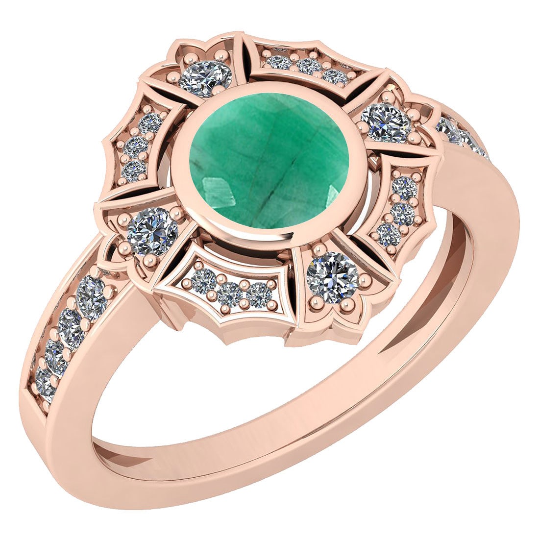 1.15 Ctw I2/I3 Emerald And Diamond 14K Rose Gold Engagement Ring: Center Stone Weight ; 0.84 Ctw ( Round Cut ) Stone Color :Emerald Color Stone Setting ; Bezel Side Stone Weight of Ctw ; 0.31 ctw Side Stone Color : J-K Side Stone Setting: Prong Side Stone Clarity : 