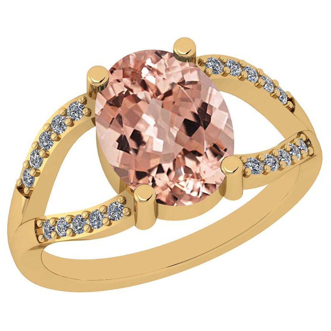 5.00 Ctw SI2/I1 Morganite And Diamond 14K Yellow Gold Vintage Style Ring: Center Stone Weight : 4.80 Ctw ( Oval Cut ) Center Stone Color :-Morganite Center Stone Setting : Prong Side Stone Weight Of Ctw 0.20 Ctw Side Stone Color : H-I Stone Clarity : SI2/I1 Stone Setting : 