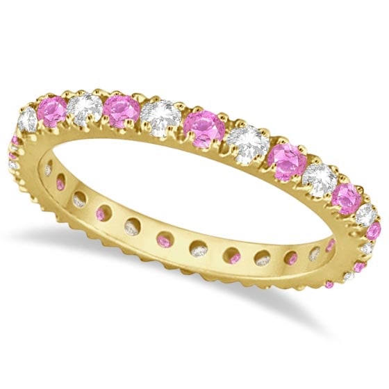 Diamond and Pink Sapphire Eternity Ring Stackable 14k Yellow Gold 1.50 ctw: CENTER STONE; Sapphire CENTER STONE CLARITY; CENTER STONE COLOR; Pink CENTER STONE SETTING; Prong SIDE STONE CLARITY; SI SIDE STONE COLOR; J-K SIDE STONE SETTING; Prong ctw0.75CTW #PAPPS21115v3