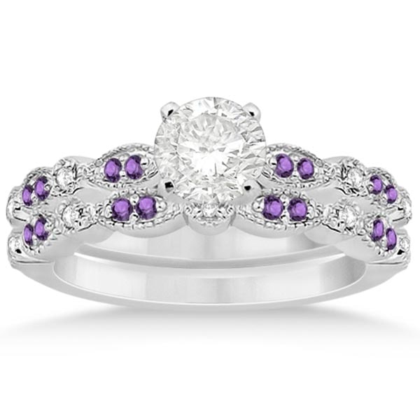 Marquise and Dot Amethyst and Diamond Bridal Set 14k White Gold 1.30 ctw: CENTER STONE 0.60Ctw; Diamond,Amethyst CENTER STONE CLARITY; SI1-SI2#Eye Clean CENTER STONE COLOR; J-K,Purple CENTER STONE SETTING; Pave,Pave SIDE STONE CLARITY; SI1-SI2,Eye Clean SIDE STONE COLOR; J-