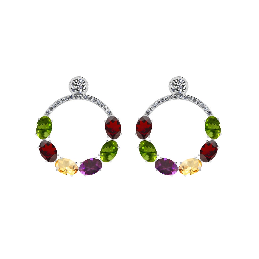6.70 Ctw I2/I3 Multi Stone And Diamond 10K White Gold Earrings: Center Stone Weight : 6.00 Ctw ( Oval Cut) Center Stone Color :-Amethyst,Garnet,Peridot,Citrine Stone Setting : Prong Side Stone Weight Of Ctw 0.70 Ctw Side Stone Color : J-K Stone Clarity : I2/I3 Sto