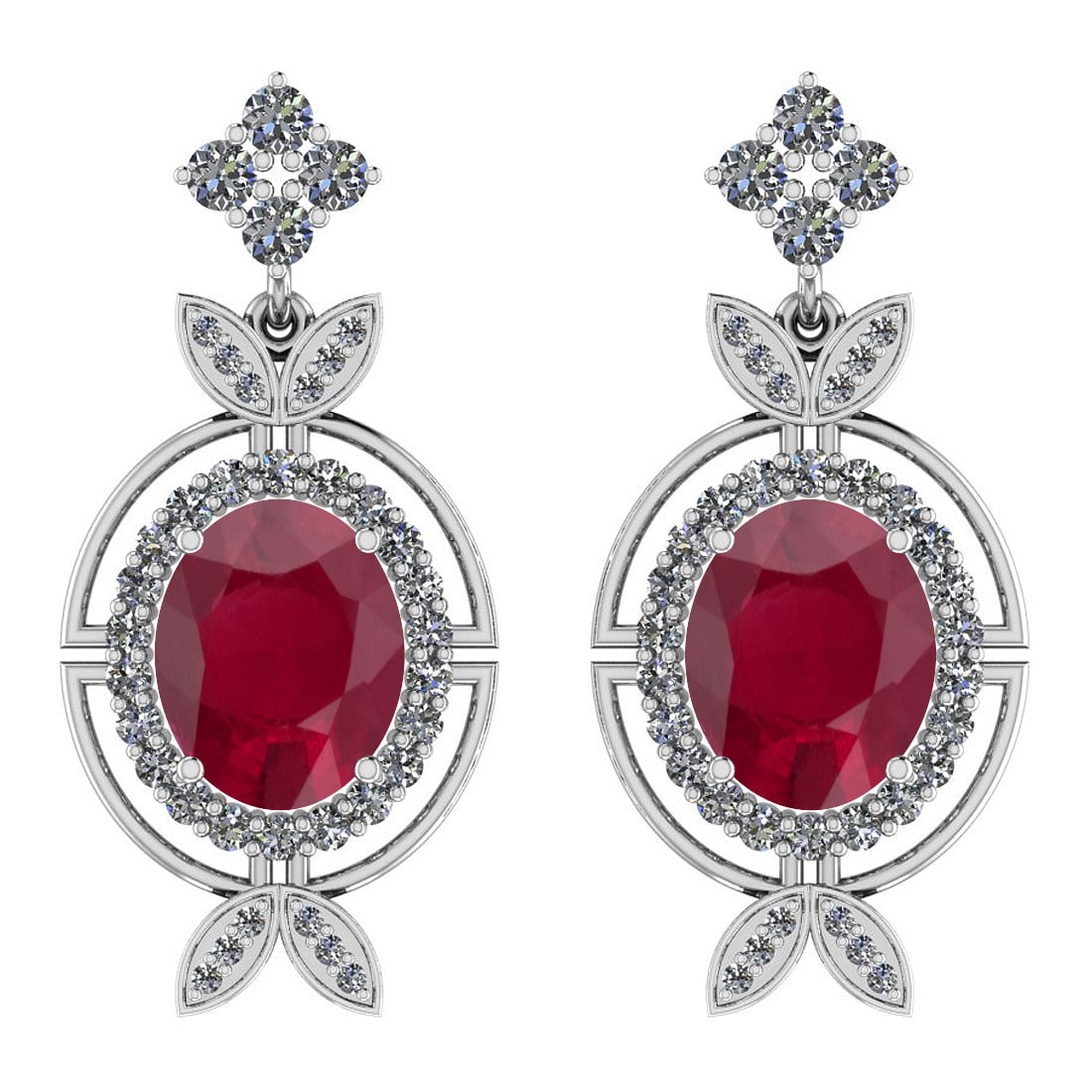 Certified 6.15 Ctw SI2/I1 Ruby And Diamond 14K White Gold Earrings: Center Stone Weight : 5.00 Ctw (Oval Cut) Center Stone Color :-Ruby Center Stone Setting : Prong Side Stone Weight Of Ctw 1.15 Ctw Side Stone Color : J-K Stone Clarity : SI2/I1 Stone Setting : Prong M