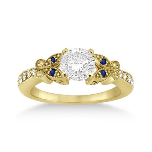Butterfly Diamond and Sapphire Engagement Ring 14k Yellow Gold 1.20ctw: CENTER STONE; DIAMOND (1.00 CTW) CENTER STONE CLARITY; SI1-SI2 CENTER STONE COLOR; J-K CENTER STONE SETTING; SIDE STONE CLARITY; Eye Clean,SI1-SI2 SIDE STONE COLOR; Blue,J-K SIDE STONE SETTING; Pave,P