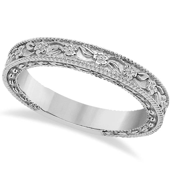 Carved Floral Designed Wedding Band Anniversary Ring in 14K White Gold (1 of 1)