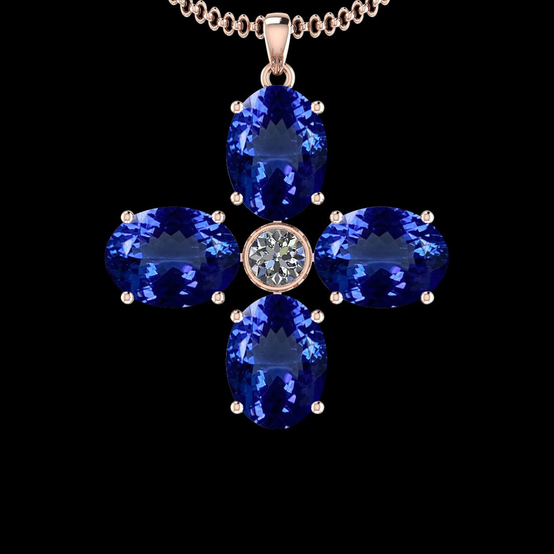 16.34 Ctw VS/SI1 Tanzanite And Diamond 10K Rose Gold Vintage Style Pendant: Color Stone Weight : 15.84 Ctw (4 Psc Oval ) Center Stone Color : Tanzanite Center Stone Setting : Prong Side Stone Weight Of Ctw 0.50 Ctw Side Stone Color : G-H Stone Clarity : VS/SI1 Stone Setting