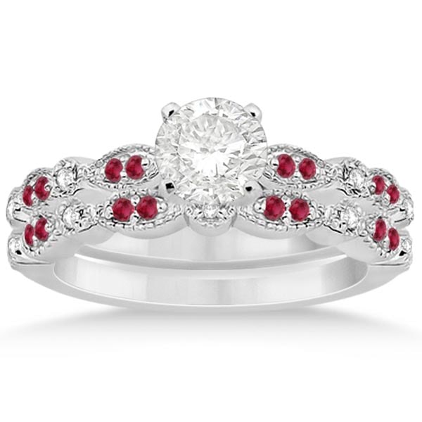 Ruby and Diamond Marquise Bridal Set 14k White Gold 1.30 ctw: CENTER STONE 0.60ctw; Diamond,Ruby CENTER STONE CLARITY; SI1-SI2#Eye Clean CENTER STONE COLOR; J-K,Red CENTER STONE SETTING; Pave,Pave SIDE STONE CLARITY; SI1-SI2,Eye Clean SIDE STONE COLOR; J-K,Red