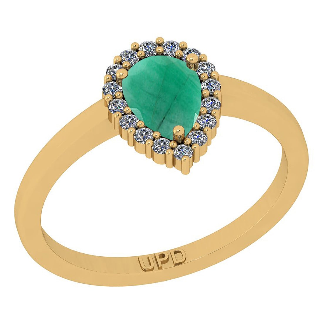 0.91 Ctw SI2/I1 Emerald And Diamond 14K Yellow Gold Engagement Ring: Center Stone Weight : 0.75 Ctw ( Pear Cut) Center Stone Color :-Emerald Stone Setting : Prong Side Stone Weight Of Ctw 0.16 Ctw Side Stone Color : J-K Stone Clarity : SI2/I1 Stone Setting : Prong