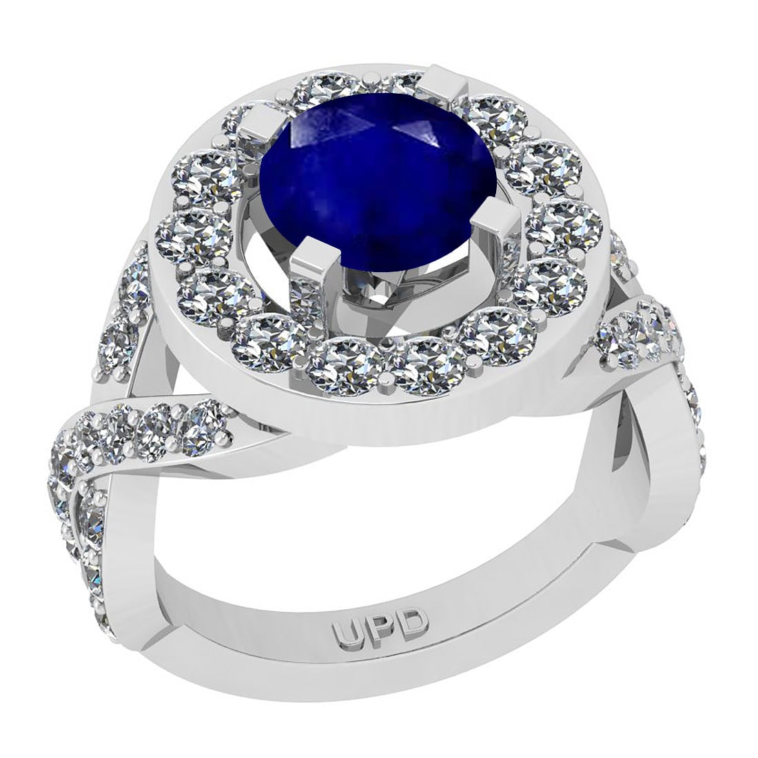 3.80 Ctw SI2/I1Blue Sapphire And Diamond 14K White Gold Cocktail Engagement: Center Stone Weight : 2.00 Ctw ( Round Cut) Center Stone Color :-Blue Sapphire Stone Setting : Prong Side Stone Weight Of Ctw 1.80 Ctw Side Stone Color : J-K Stone Clarity : SI2/I1 Stone Setting : Pro