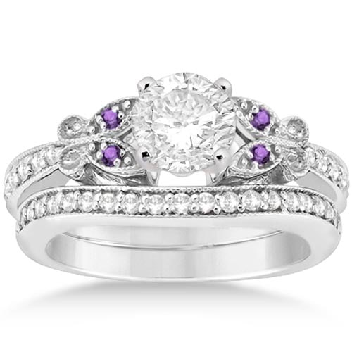 Butterfly Diamond and Amethyst Bridal Set 18k White Gold 1.02ctw: CENTER STONE; 0.60 CTW CENTER STONE CLARITY; Eye Clean#SI1-SI2 CENTER STONE COLOR; Purple,J-K CENTER STONE SETTING; Pave,Pave SIDE STONE CLARITY; SIDE STONE COLOR; SIDE STONE SETTING; ctw OF SIDE STON
