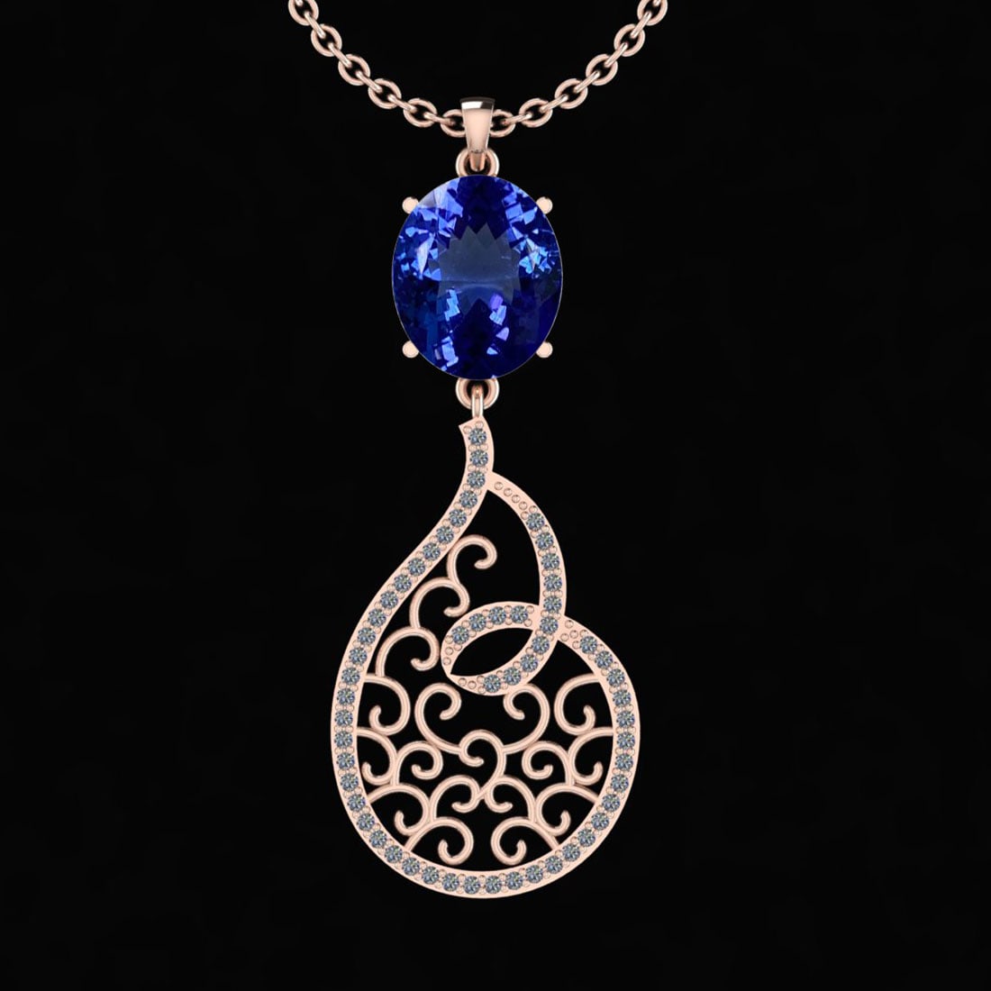 7.29 Ctw VS/SI1 Tanzanite And Diamond 10K Rose Gold Vintage Style Pendant: Color Stone Weight : 6.95 Ctw (1 Psc Oval ) Center Stone Color : Tanzanite Center Stone Setting : Bezel Side Stone Weight Of Ctw 0.34 Ctw Side Stone Color : G-H Stone Clarity : VS/SI1 Stone Setting : 