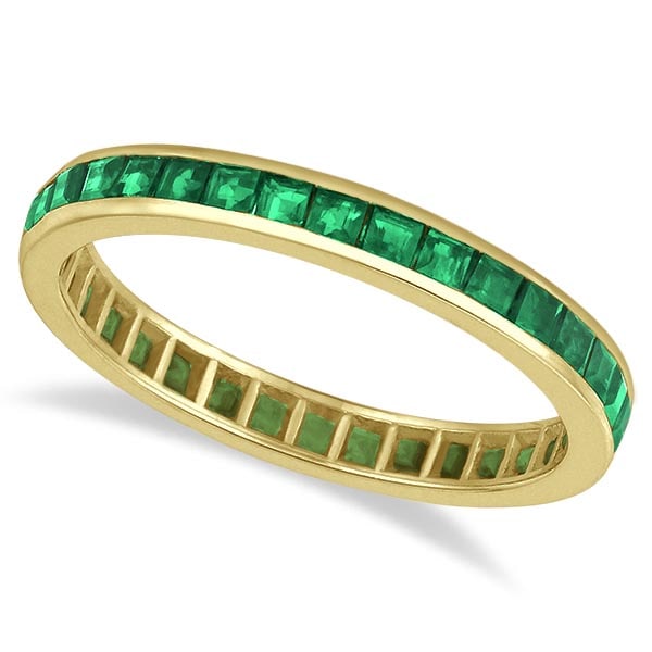 Princess-Cut Emerald Eternity Ring Band 14k Yellow Gold 1.36ctw: CENTER STONE; Emerald CENTER STONE CLARITY; CENTER STONE COLOR; CENTER STONE SETTING; Channel SIDE STONE CLARITY; SIDE STONE COLOR; SIDE STONE SETTING; ctw OF SIDE STONE: SIDE STONE QUALITY; #PAPPS204