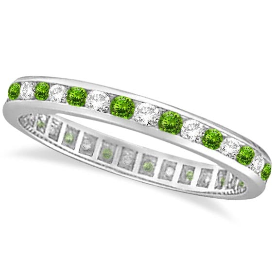Peridot and Diamond Channel-Set Eternity Ring 14k White Gold 1.04ctw: CENTER STONE; Diamond CENTER STONE CLARITY; SI CENTER STONE COLOR; J-K CENTER STONE SETTING; Channel SIDE STONE CLARITY; SIDE STONE COLOR; SIDE STONE SETTING; Channel ctw OF SIDE STONE: 0.54 SIDE