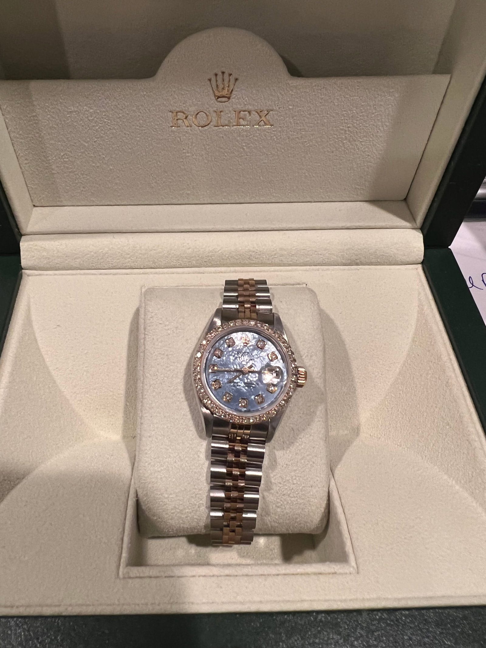 Custom 26mm Blue Mother of Pearl Dial Two-Tone Rolex w/Diamond Bezel (G-H,: Custom 26mm Blue Mother of Pearl Dial Rolex w/Diamond Bezel (G-H, SI1-SI2) comes with Box & Papers #PAPPS20913v8