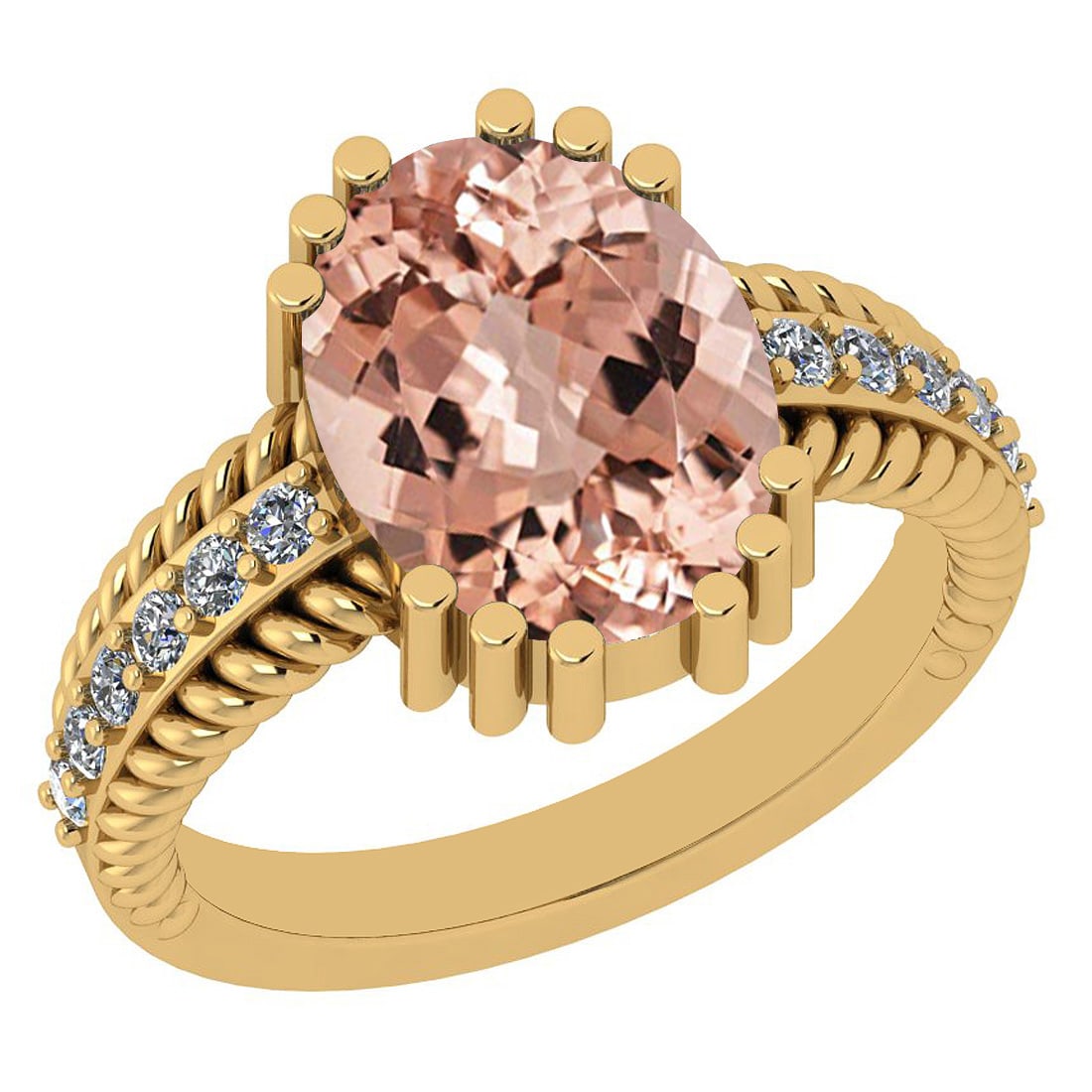 4.69 Ctw SI2/I1 Morganite And Diamond 14K Yellow Gold Vintage Style Ring: Center Stone Weight : 4.44 Ctw ( Oval Cut ) Center Stone Color :-Morganite Center Stone Setting : Prong Side Stone Weight Of Ctw 0.25 Ctw Side Stone Color : H-I Stone Clarity : SI2/I1 Stone Setting : 
