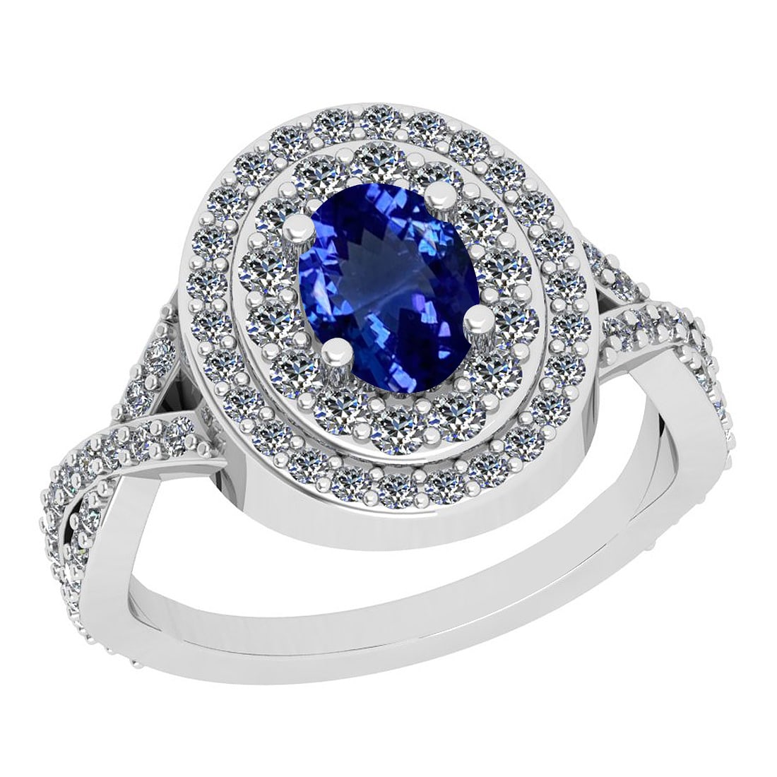 2.67 Ctw VS/SI1 Tanzanite And Diamond 18K White Gold Engagement Halo Ring: Center Stone Weight : 2.00 Ctw (Oval Cut) Center Stone Color :-Tanzanite Center Stone Setting : Prong Side Stone Weight Of Ctw 0.67 Ctw Side Stone Color : G-H Stone Clarity : VS/SI1 Stone Setting : Pr