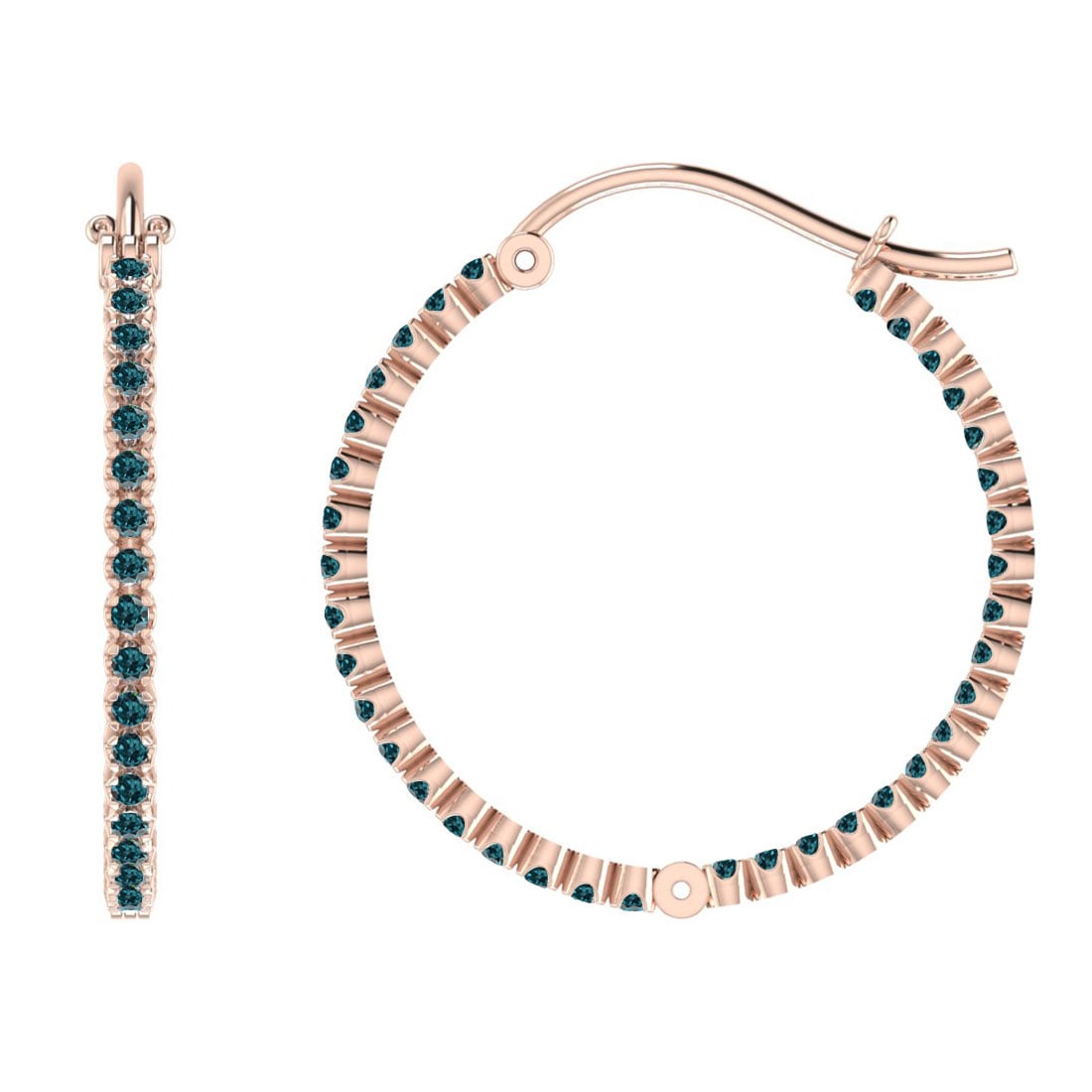 2.04 Ctw i2/i3 Treated Fancy Blue Diamond 14K Rose Gold Hoop Earrings: Center Diamond Weight : 2.04 Ctw (Round Cut) Center Diamond Color :-Treated Fancy Blue Diamond Center Clarity : I2/I3 Stone Setting : Prong Metal Weight : Approx 7.50 Gram 14K Rose Gold Hoop Earrings 