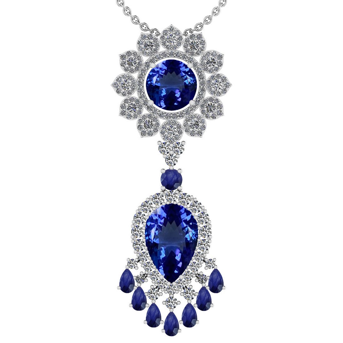 Certified 15.49 Ctw VS/SI1 Tanzanite,Blue Sapphire And Diamond 14K White Go: Center Stone Approx Weight: 10.57 Ctw (Pear& Round Cut ) Center Stone Color: Tanzanite Center Stone Setting: Prong Color Stone Weight: 2.00 ctw stone Color: Blue Sapphire Setting: Prong Side Stone 2.9