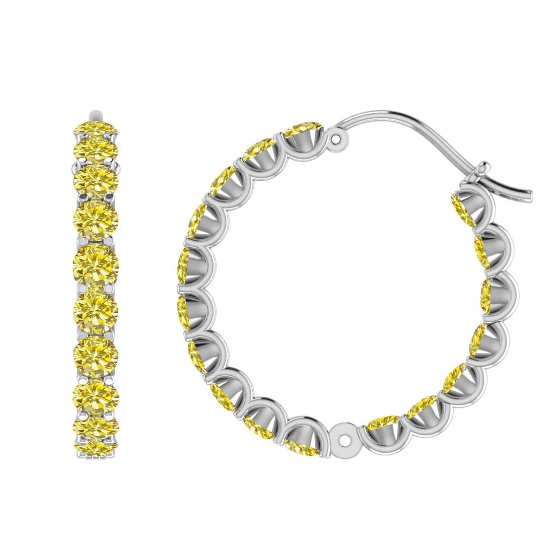 1.56 Ctw i2/i3 Treated Fancy Yellow Diamond 14K White Gold Hoop Earrings: Center Diamond Weight : 1.56 Ctw (Round Cut) Center Diamond Color :-Treated Fancy Yellow Diamond Center Clarity : I2/I3 Stone Setting : Prong Metal Weight : Approx 7.00 Gram 14K White Gold Hoop