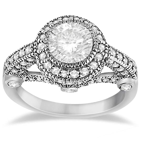 Vintage Style Diamond Halo Art Deco Engagement Ring Platinum 1.97ctw: CENTER STONE; DIAMOND (1.00 CTW) CENTER STONE CLARITY; SI1-SI2 CENTER STONE COLOR; J-K CENTER STONE SETTING; SIDE STONE CLARITY; SI1-SI2,SI1-SI2 SIDE STONE COLOR; J-K,J-K SIDE STONE SETTING; Pave,Beze