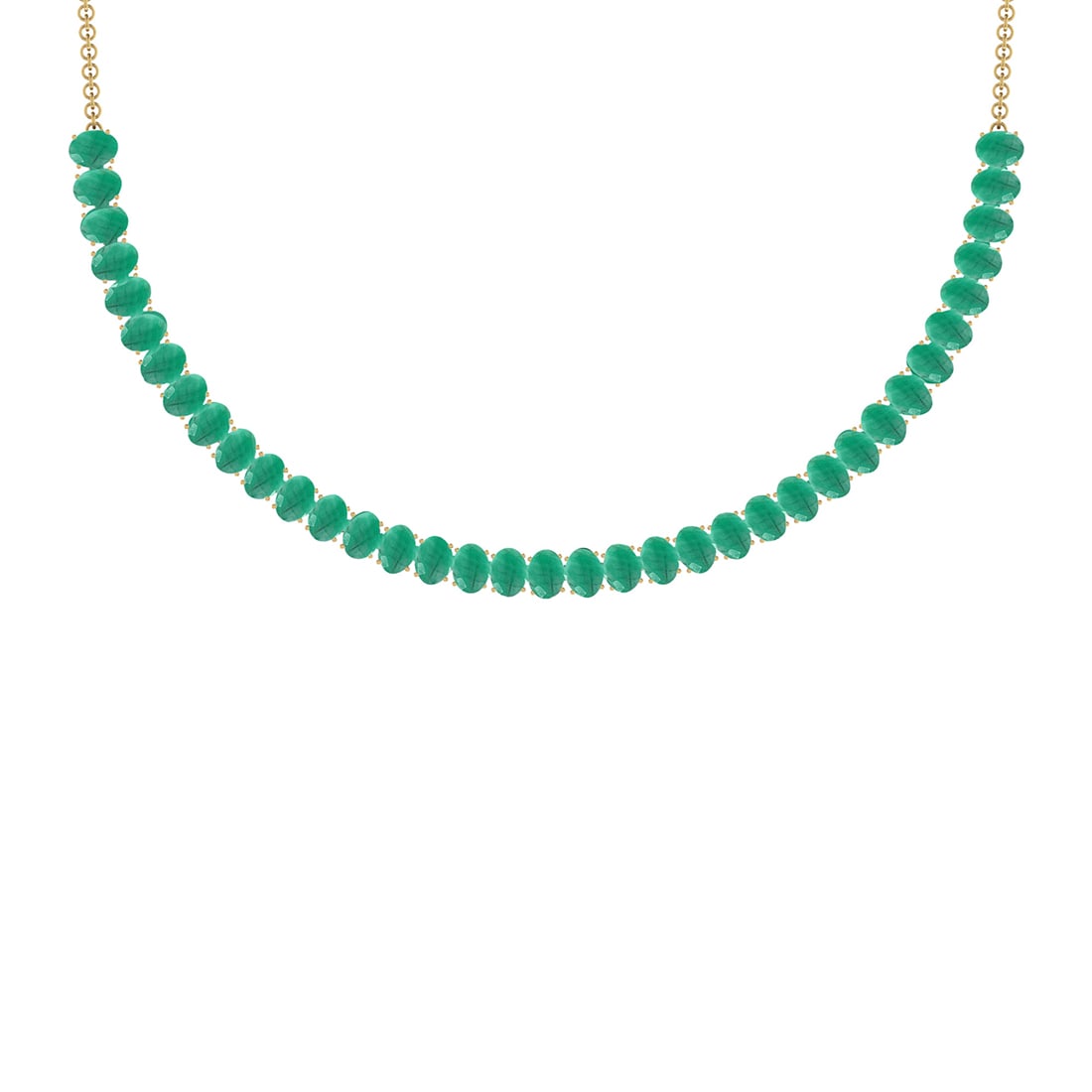 48.75 Ctw Emerald 14K Yellow Gold Necklace: Center Stone Weight : 48.75 Ctw ( Oval Cut) Center Stone Color :-Emerald Stone Setting : Prong Metal Weight : Approx 19.30 Gram 14K Yellow Gold Ladies fashion Necklace Size :- 16 Inches #PAPPS67596v7