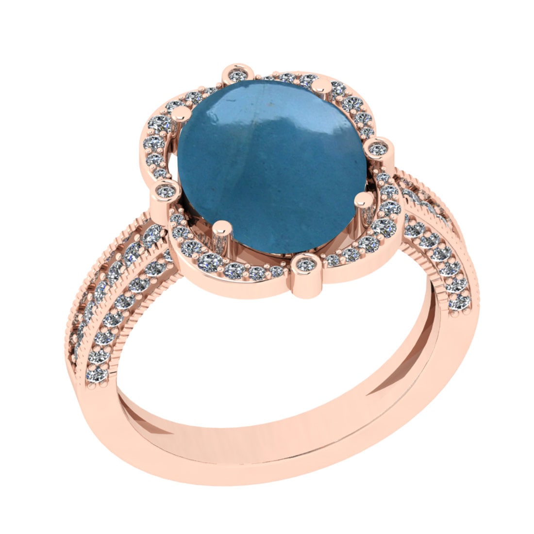 4.02 Ctw SI2/I1 Aquamarine And Diamond 14K Rose Gold Engagement Ring: Color Stone Weight : 3.54 Ctw (Oval Cab ) Center Stone Color : Aquamarine Center Stone Setting : Prong Side Stone Weight Of Ctw 0.48 Ctw Side Stone Color : J-K Stone Clarity : SI2/I1 Stone Setting : P