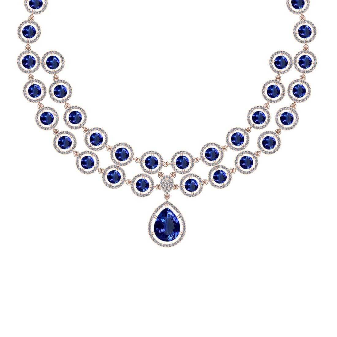 42.29 Ctw SI2/I1 Tanzanite And Diamond 14K Rose Gold Necklace: Color Stone Weight : 38.46 Ctw (Pear & Round Cut ) Center Stone Color : Tanzanite Center Stone Setting : Prong Side Stone Weight Of Ctw 3.83 Ctw Side Stone Color : J-K Stone Clarity : SI2/I1 Stone Set
