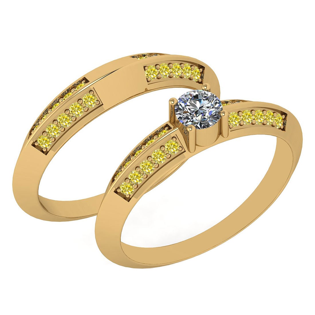 Certified 0.81 Ctw I2/I3 Treated Fancy Yellow And White Diamond 14K Yellow: Center Approx Weight: 0.25 Ctw (Round Cut) Center Color: J-K Center Stone Clarity: I2/I3 Stone Setting: Prong Side Stone 0.56 Ctw Side Stone Color: Treated Fancy Yellow Stone Clarity: I2/I3 Stone Sett