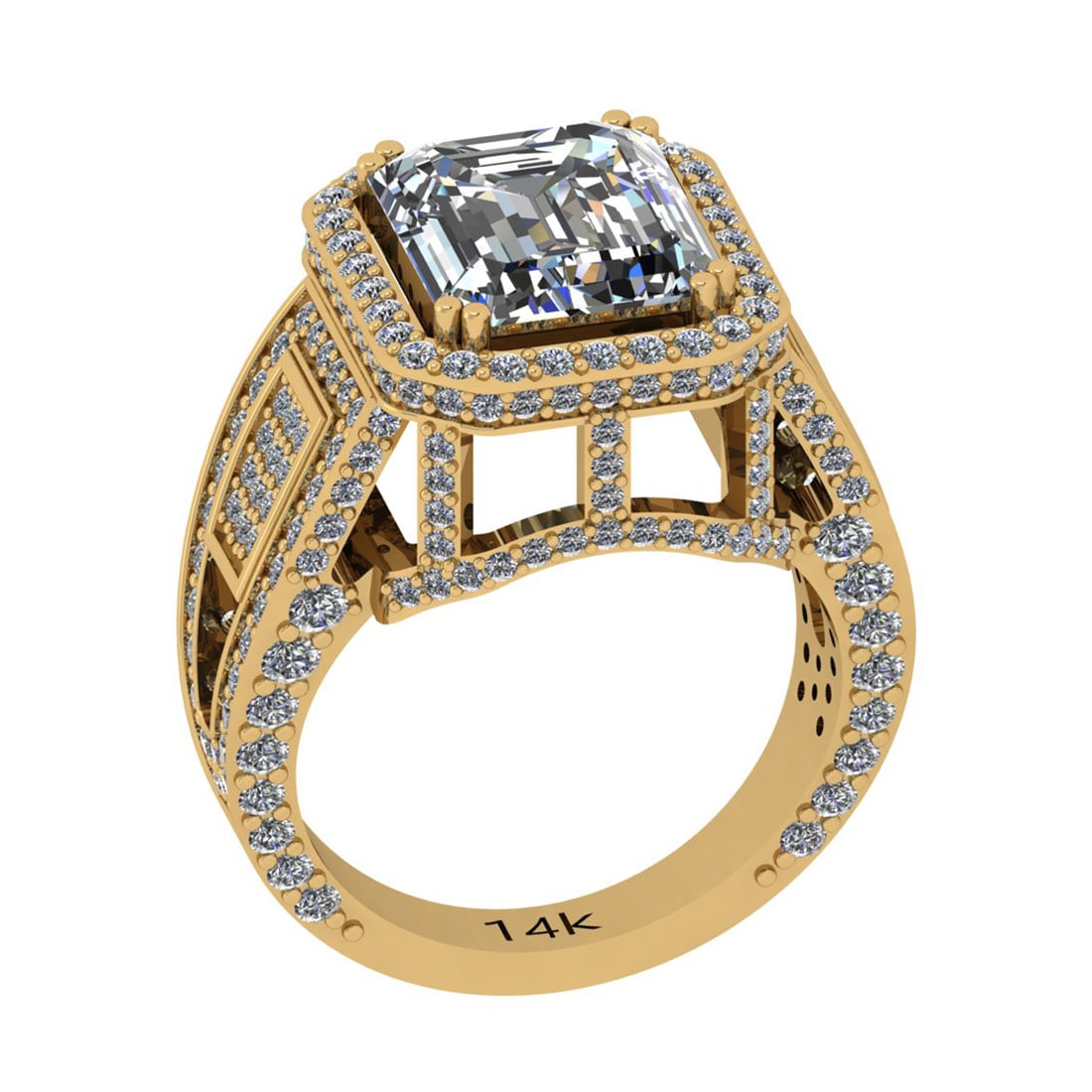 4.26 Ctw SI2/I1 Diamond 14K Yellow Gold Wedding Halo Ring (Emerald Cut Cent: Center Diamond Weight : 2.40 Ctw (Emerald Cut Center Stone Certified By GIA ) Center Diamond Color : J-K Center Stone Setting : Prong Center Stone Clarity : SI2/I1 Side Stone Weight Of Ctw 1.86 Ctw Si
