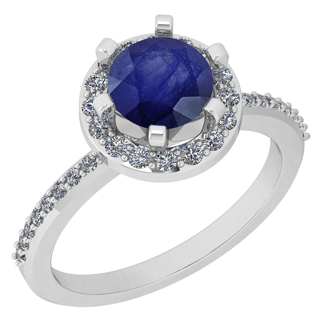 1.52 Ctw SI2/I1 Blue Sapphire And Diamond 14K White Gold Engagement Halo Ri: Center Weight : 1.14 Ctw ( Round Cut ) Center Color :- Blue Sapphire Stone Setting : Prong Side Stone Weight Of Ctw 0.38 Ctw Side Stone Color : J-K Stone Clarity : SI2/I1 Stone Setting : Prong Metal W