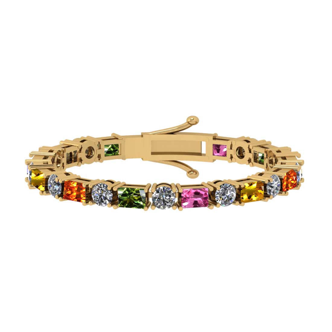 9.00 Ctw VS/SI1 Multi Stone Sapphire And Diamond 14K Yellow Gold Bracelet: Multi Stone Weight : 4.00 Ctw ( Emerald Cut ) Multi Stone Color :- Pink,Yellow Green,Orange Sapphire Stone Setting : Prong Side Diamond Weight Of Ctw 5.00 Ctw (Round Cut) Side Stone Color : J-K Stone 