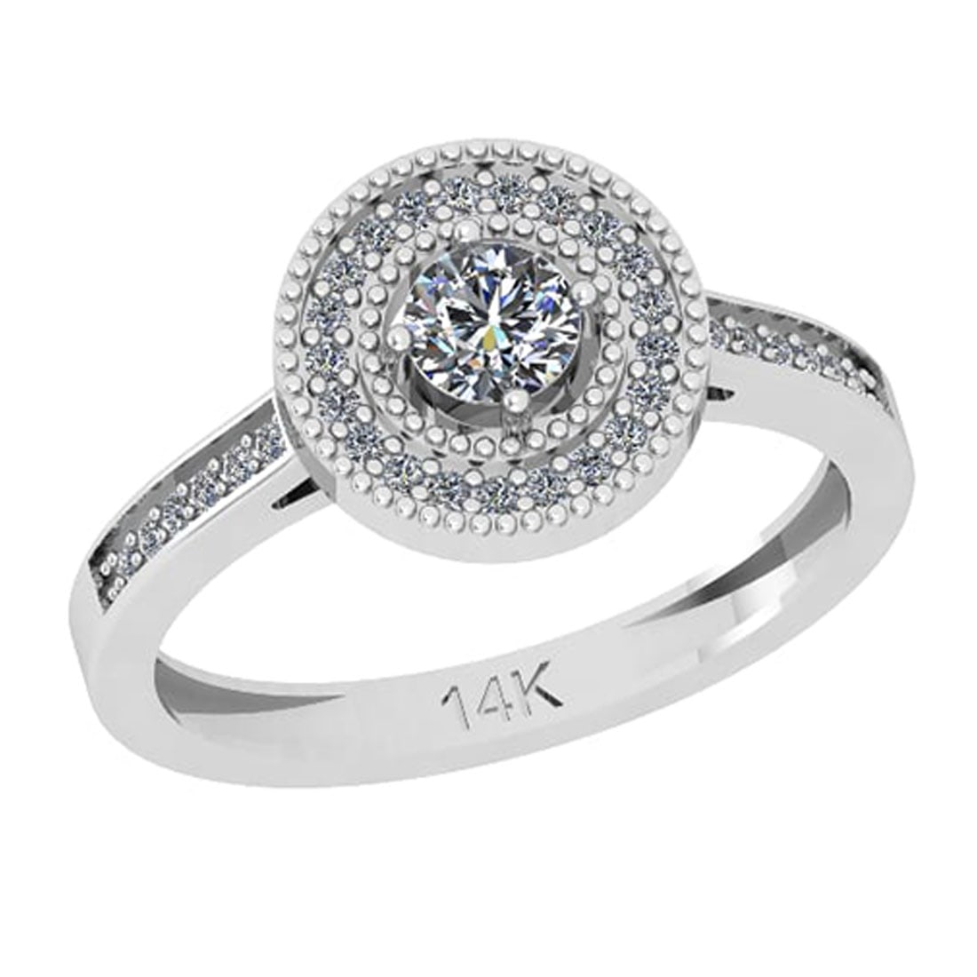 0.42 Ctw SI2/I1 Diamond 14K White Gold Halo Ring: Center Diamond Weight : 0.25 Ctw (Round Cut) Center Diamond Color : J-K Clarity : SI2/I1 Setting : Prong Side Diamond Weight Of Ctw 0.17 Ctw Side Stone Color : J-K Clarity : SI2/I1 Stone Setting : Pro