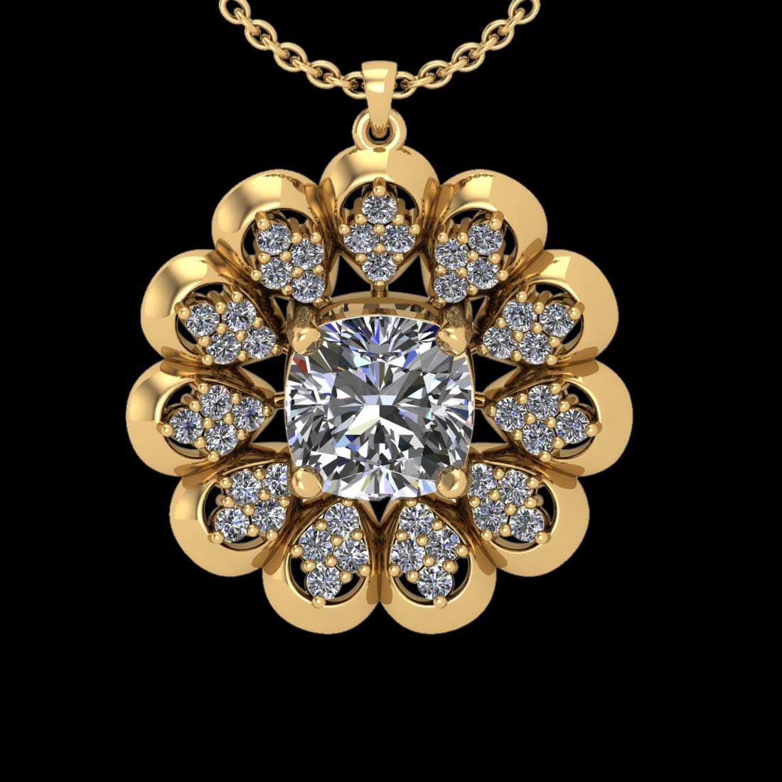 3.54 Ctw SI2/I1 Diamond 18K Yellow Gold Pendant Necklace: Center Diamond Weight : 2.00 Ctw (Cushion Cut) Center Diamond Color :-J-K Setting : Prong Side Weight Of Ctw 1.54 Ctw Color : J-K Clarity : SI2/I1 Stone Setting : Prong Metal Weight : Approx 12.20 gra