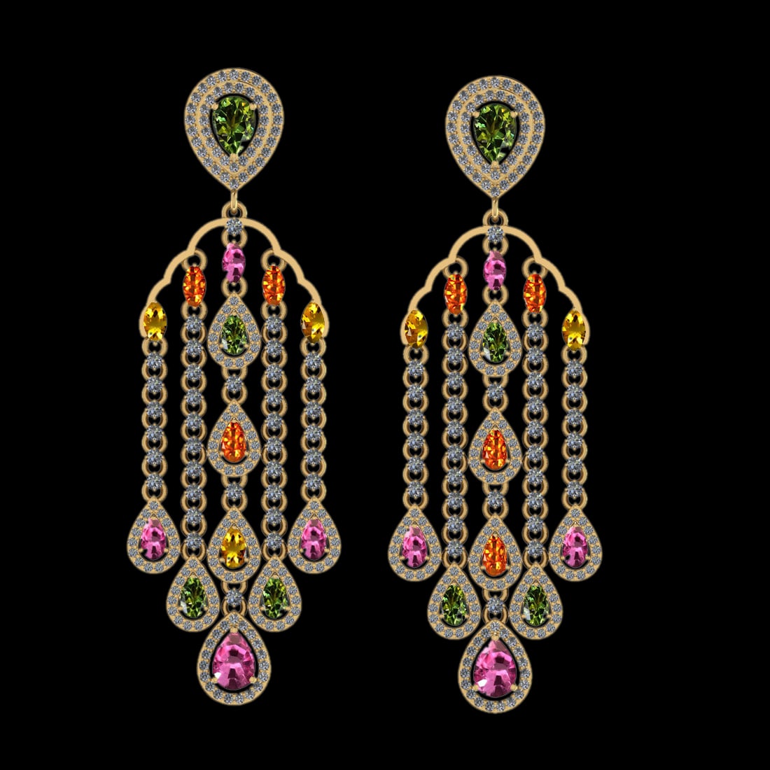 12.05 Ctw SI2/I1 Multi Sapphire And Diamond 14K Yellow Gold Dangling Earrin: Multi Stone Weight : 7.50 Ctw (Pear,Marquise cut ) Multi Stone Color : Pink,Yellow,Green,Orange Sapphire Stone Setting : Prong Side Stone Weight Of Ctw 4.55 Ctw Side Stone Color : J-K Stone Clarity : 