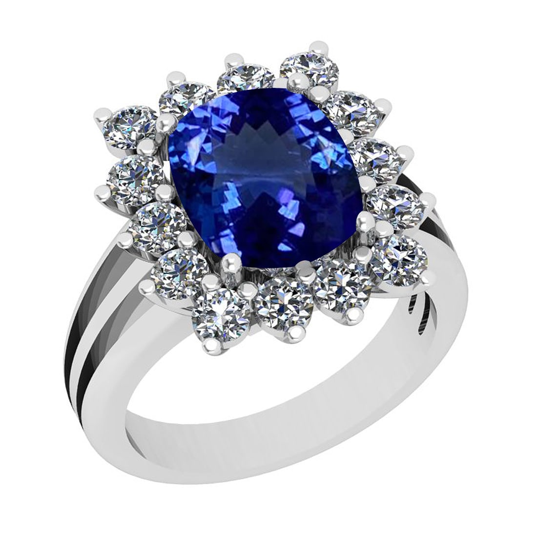 Certified 6.12 Ctw VS/SI1 Tanzanite And Diamond 14k White Gold Anniversary: Center Approx Weight: 4.02 Ctw (Cushion Cut) Center Color: Tanzanite Center Stone Setting: Prong Side Stone 2.10 Ctw Side Stone Color: J-K Stone Clarity: VS/SI1 Stone Setting: Prong Metal Approx Weigh