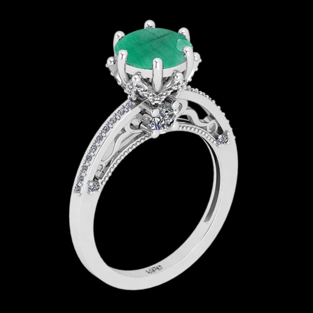 2.61 Ctw VS/SI1 Emerald And Diamond Prong Set 14K White Gold Vintage Style: Center Stone Weight : 2.00 Ctw ( Round Cut) Center stone Color :- Emerald Center Stone Setting : Prong Side Stone Weight Of Ctw 0.61 Ctw Side Stone Color : J-K Stone Clarity :VS/SI1 Stone Setting : Pr