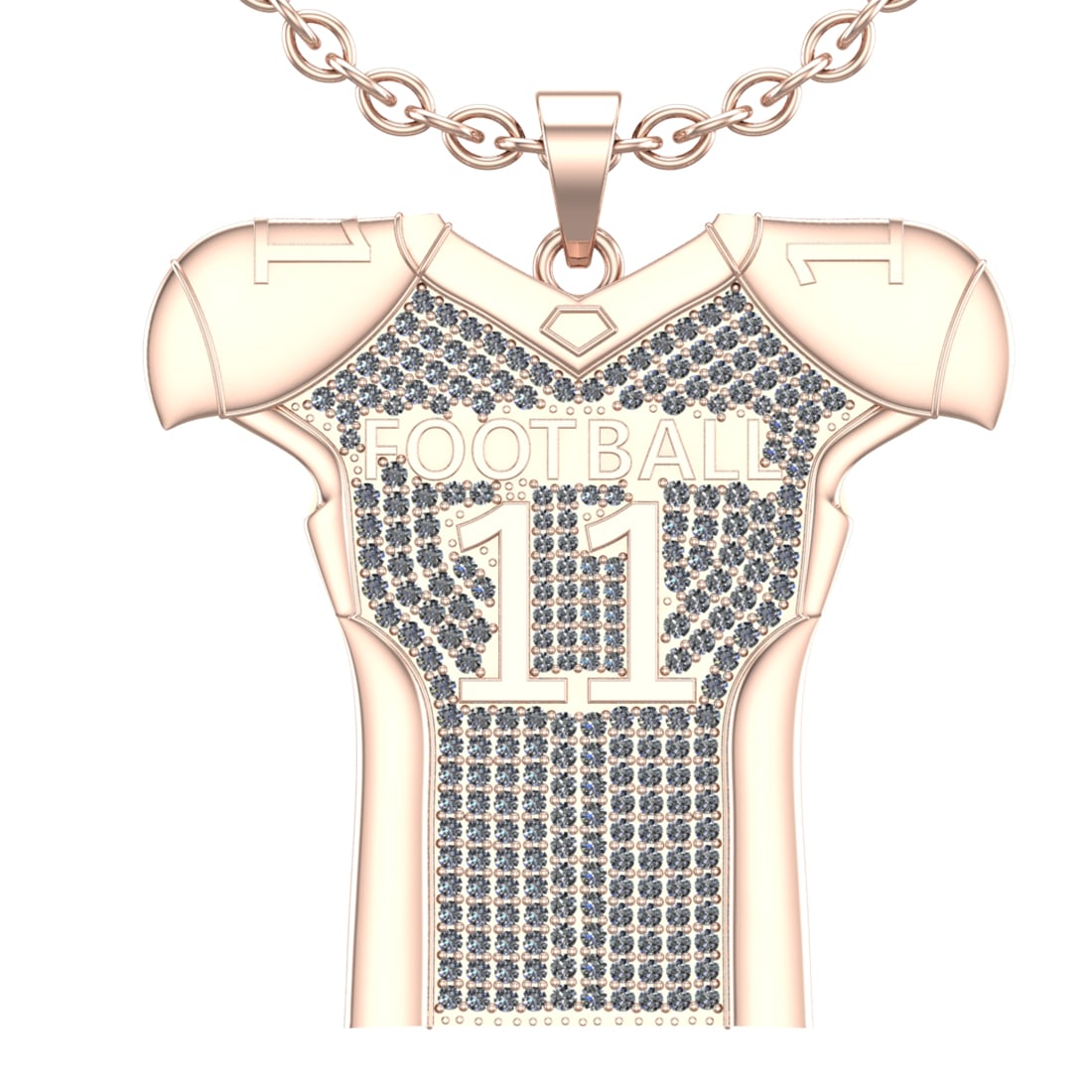 2.01 Ctw SI2/I1 Diamond 14K Rose Gold football theme Jersey pendant necklac: Total Diamond Weight : 2.01 Ctw (Round cut) Center Diamond Color :- J-K Center Clarity : SI2/I1 Stone Setting : Prong Metal Weight : Approx 17.80 Gram 14K Rose Gold football theme Jersey pendant Neckl