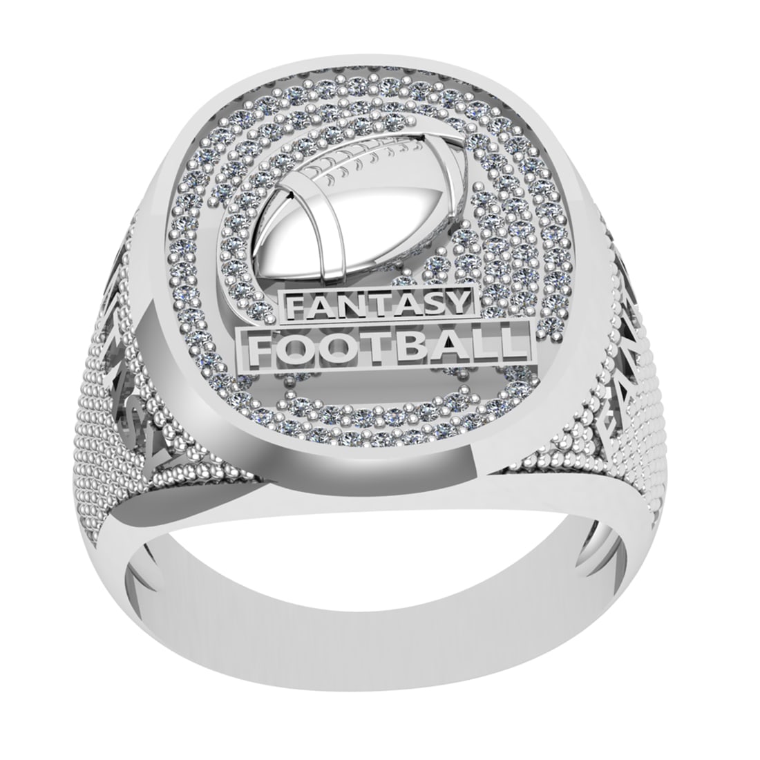 0.40 Ctw SI2/I1 Diamond 14K White Gold football theme Ring: Total Diamond Weight : 0.40 Ctw (Round cut) Center Diamond Color :- J-K Center Clarity : SI2/I1 Stone Setting : Prong Metal Weight : Approx 10.80 Gram 14K White Gold football theme Ring Current Ring S