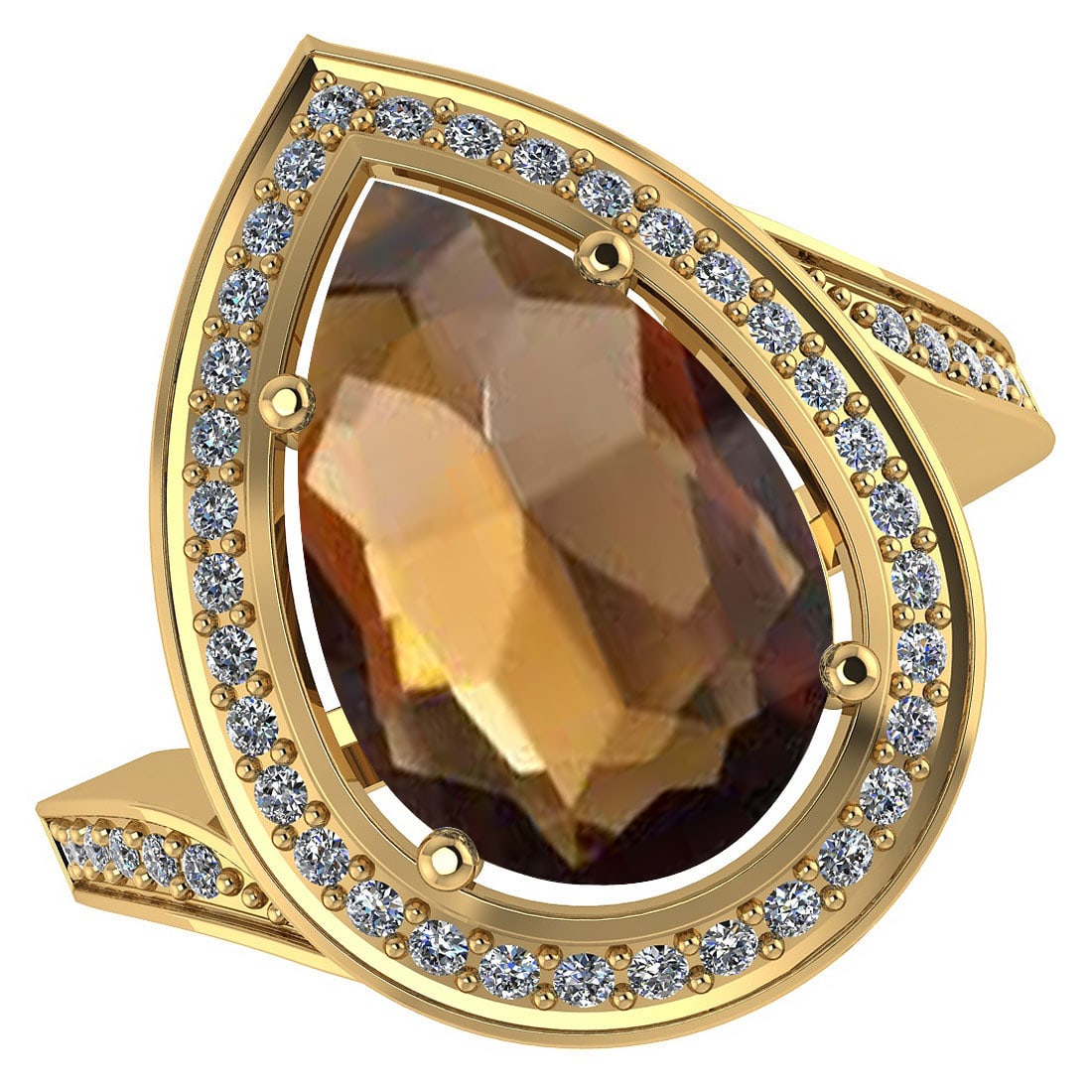 Certified 2.70 CTW Genuine Smoky And Diamond 14K Yellow Gold Ring: Center Stone 2.34 CTW Pear Center Stone Clarity:SI1-SI2 Center Stone Color: Genuine Smoky Stone Setting ;Prong Side Stone Clarity;SI1-SI2 Side Stone Color ; White Diamond G-H Side Stone Setting ;pave 