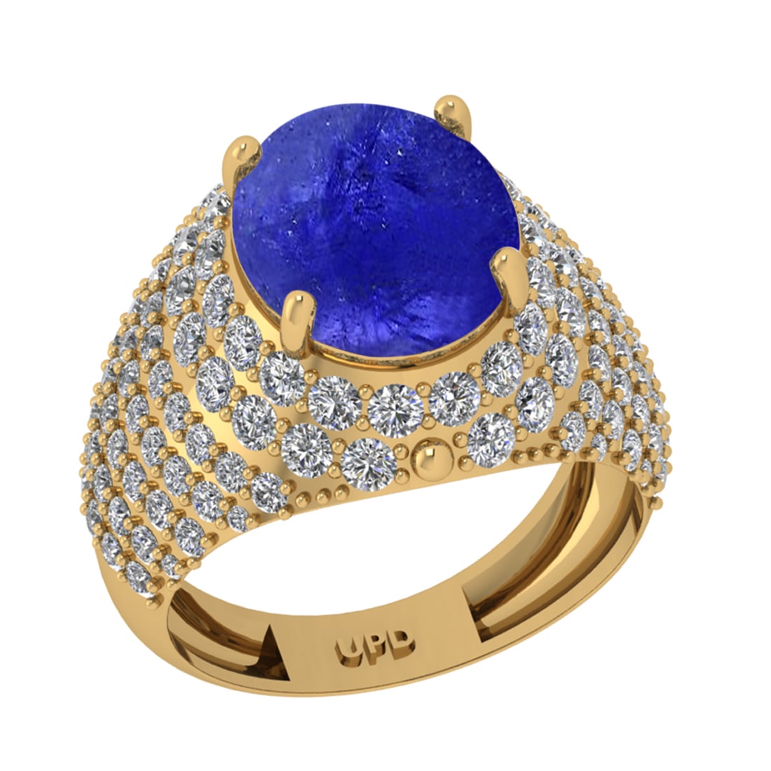 9.97 Ctw I2/I3 Tanaznite And Diamond 14K Yellow Gold Engagement Ring: Center Stone Weight : 7.75 Ctw (Oval Cab ) Center Stone Color : Tanaznite Stone Setting : Prong Side Diamond Weight Of Ctw 2.22 Ctw Side Stone Color : J-K Stone Clarity : I2/I3 Stone Setting : Prong M